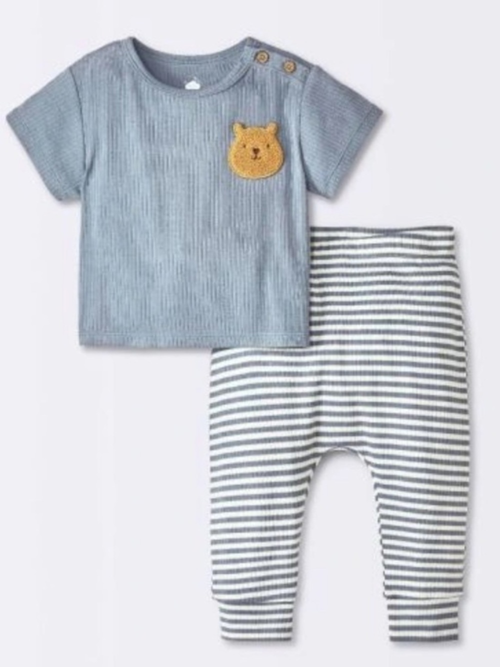 cloud island Blue Ribbed Baby Top with Yellow Bear Patch and Striped Pants 18m